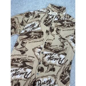 Panama Jack Button Up Shirt Rum Bottle Graphic Print Tan Vacation Men's Small‎